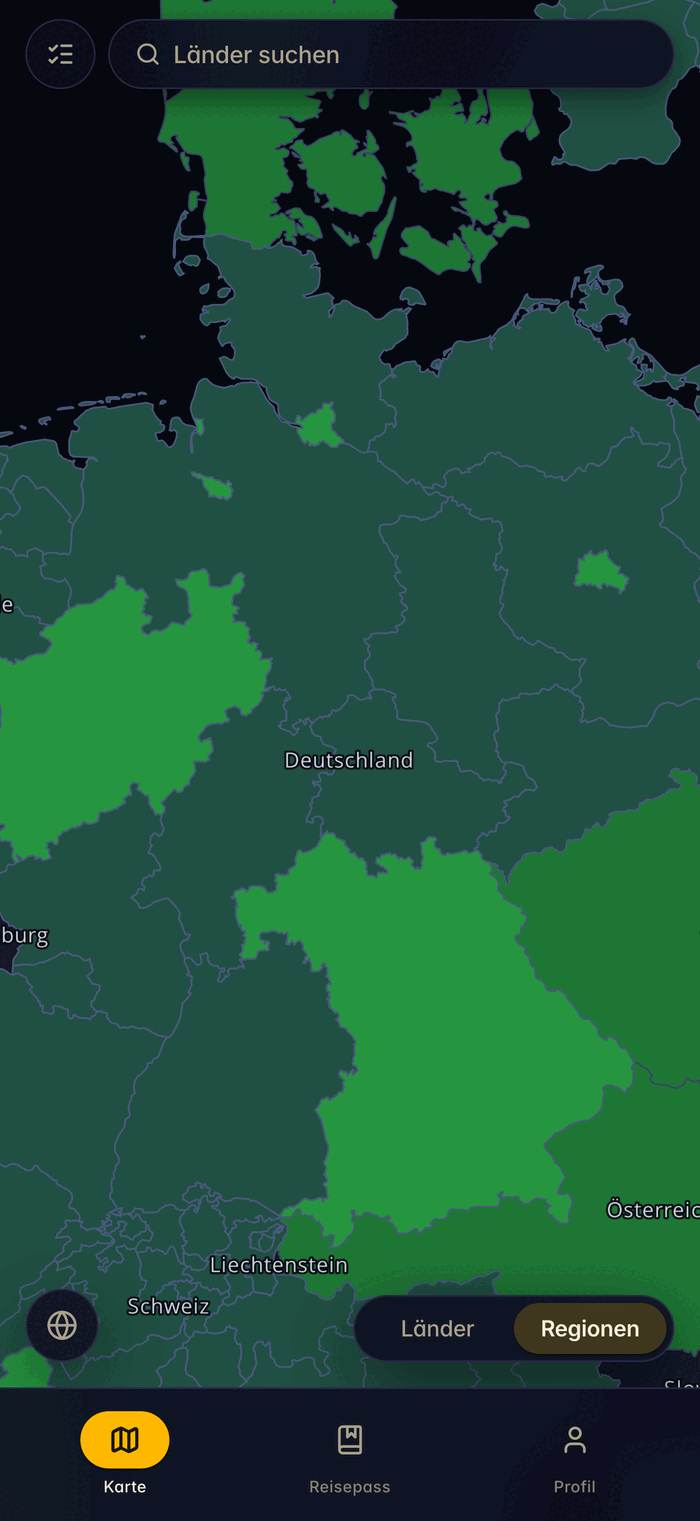 been Regionenansicht beim Eintauchen in ein Land