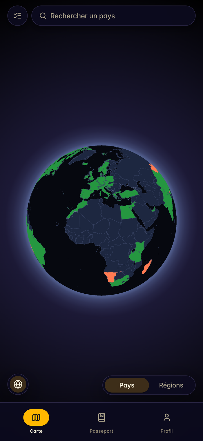 Vue globe de been — pays visités mis en évidence sur un globe 3D