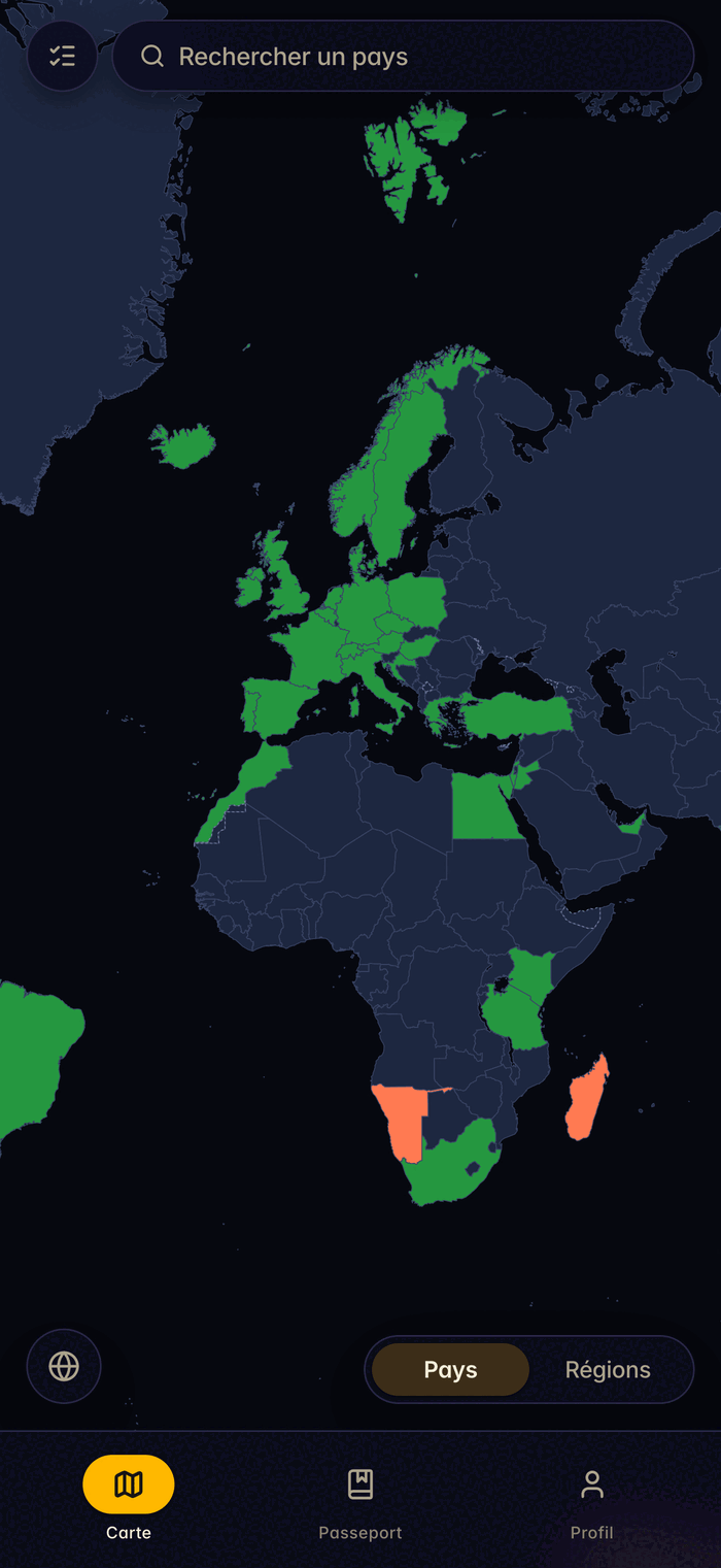 Carte du monde been avec les pays visités mis en évidence
