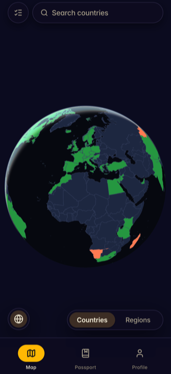 been globe view — visited countries highlighted on a 3D globe